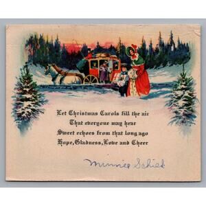 Rural Victorian Winter Christmas Scene Horses Antique Card Hermina Minnie Schlik